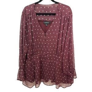 LANE Bryant Purple Sparkle Accents Long Sleeve Sheer Lined V Neck Peplum Top 26